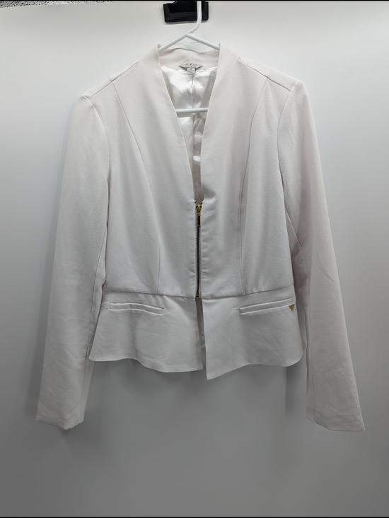 Guess Jackets & Blazers - Guess Zip-Front Peplum Blazer Professional Small White Women's Career Workwear